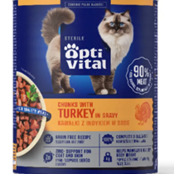 ტროპი - ოპტივიტალი სტერილიზებული, ზრდასრული კატისთვის ინდაურის ხორცით 415 გრ